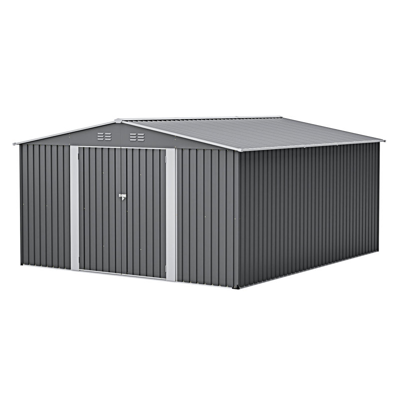 Outdoor Storage Shed With Lockable Double Doors, 80.41" H x 164.32" W x 144.96" D, Gray