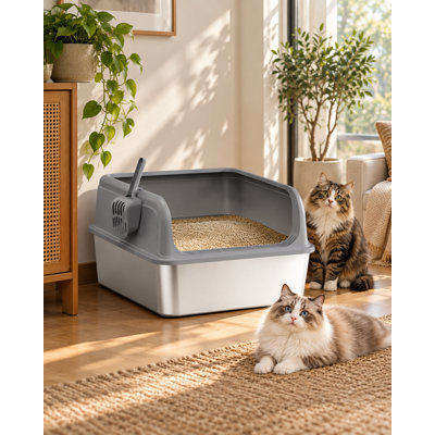 Bac à litière pour chat en acier inoxydable à haut rebord