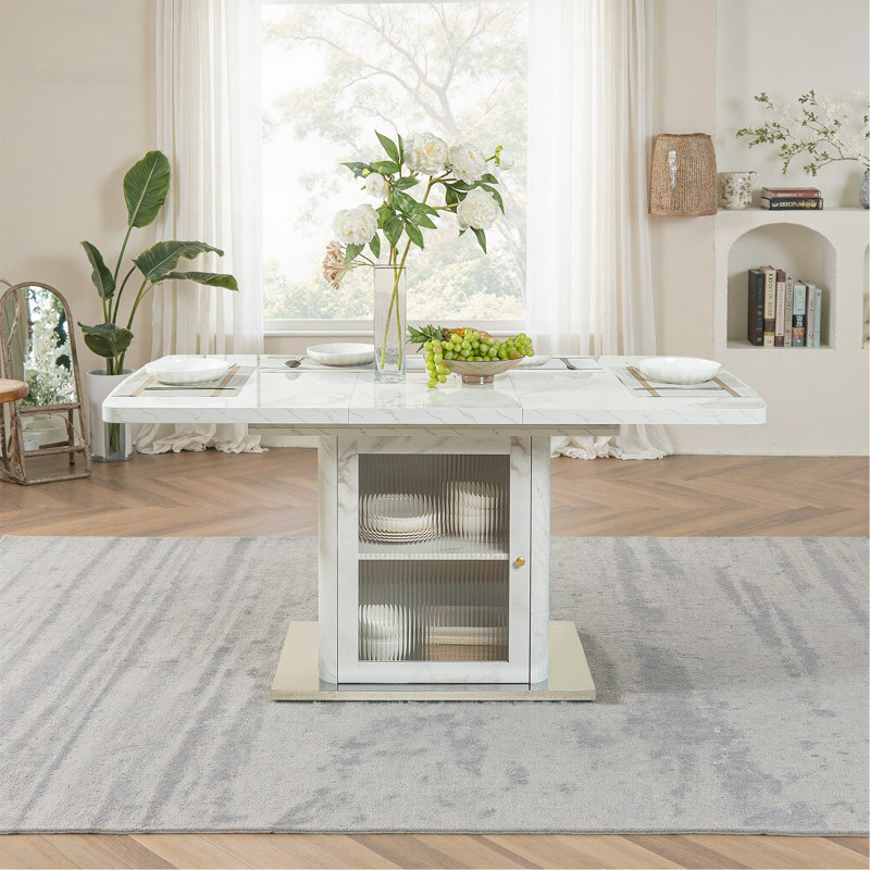 Table de salle à manger moderne carrée avec pieds de rangement et base en métal, Blanc