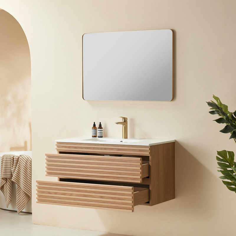Meuble-lavabo simple mural en noyer naturel avec lavabo en céramique, 36"