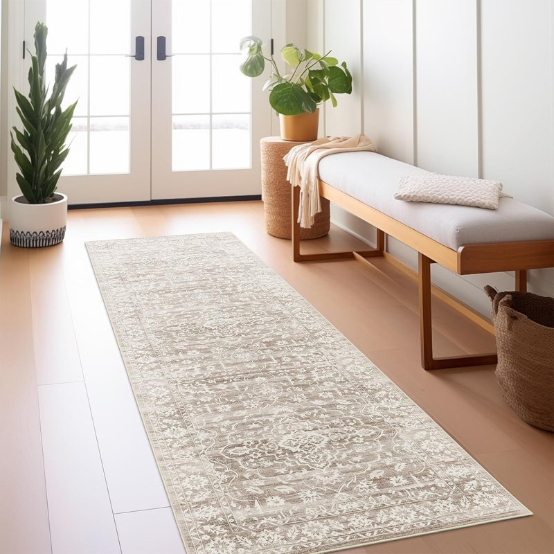 Machine Washable Medallion Floral Area Rug(Brown), Runner 2'6" x 8'