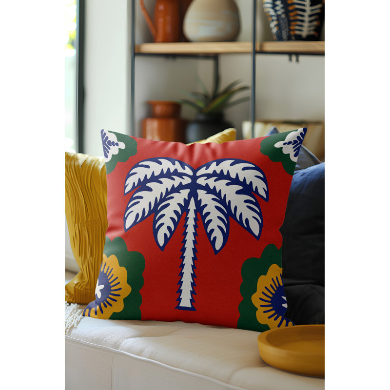 Coussin en microsuède Fisal, Red/Navy Blue/Green/Yellow Floral, Carré 16 po