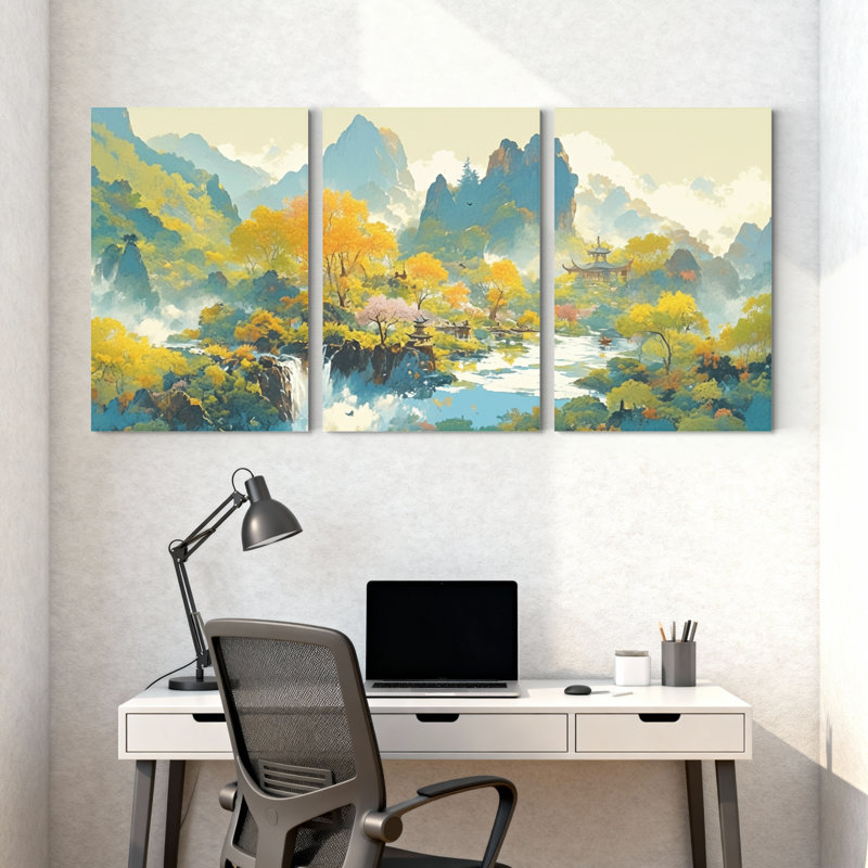 Paysage et nature, paysage de montagne, automne, rivière, reflet, pavillon, arbres, nuages, ensemble de 3 impressions sur toile