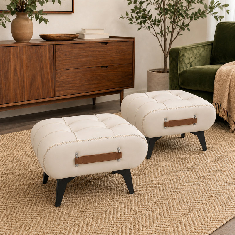 Repose-pieds moderne capitonné en cuir avec compartiment de rangement caché, Blanc + cuir