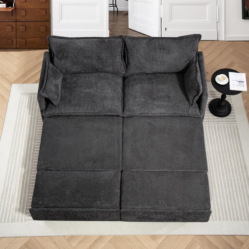 74" Pull Out Sofa Bed, Convertible Sleeper Sofa Bed With USB Ports, Corduroy Upholstered Couch With Chaise Lounge For Living Room, Guest Room, Dark Gray