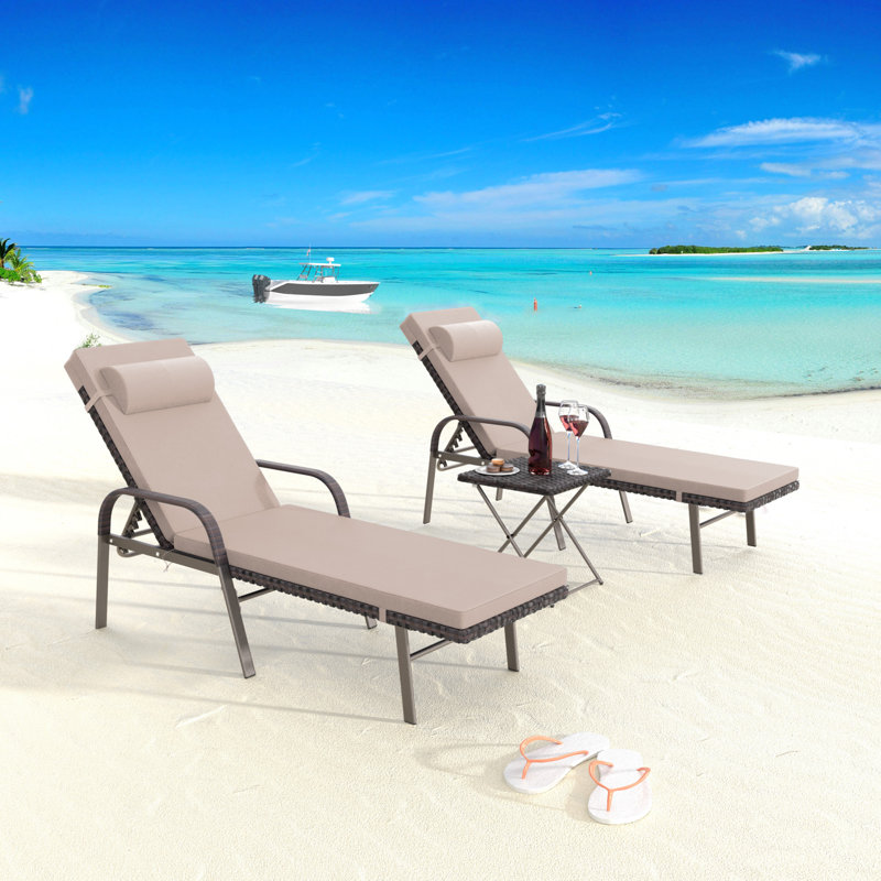 3-Piece All-Weather HDPE Wicker Chaise Lounge Set with Six-Position Adjustable Back & High-Resilience Foam Cushions, Tan