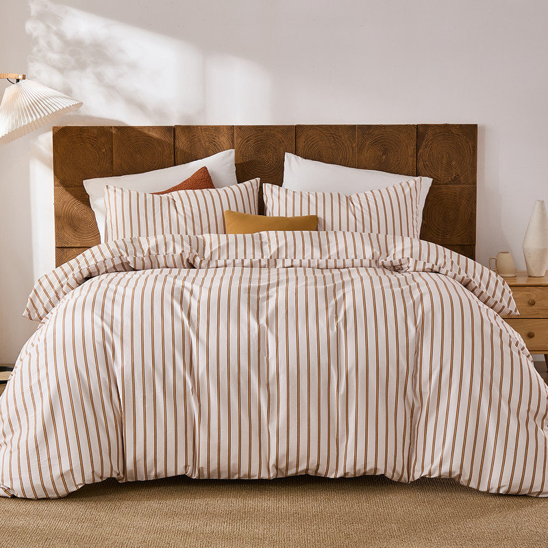 Ensemble d'édredon rayé pour grand lit 3 pièces 100% coton avec motif à rayures verticales beige et terre cuite, ensemble de literie réversible léger et doux pour toutes les saisons