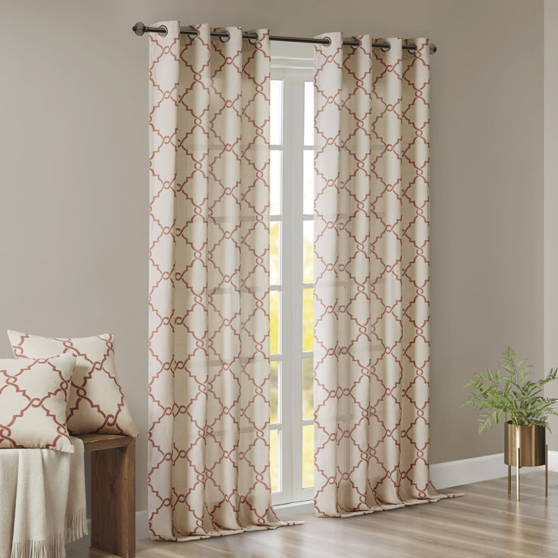 Fretwork Print Grommet Top Single Window Curtain Panel, 50" W x 84" L, Blue/White