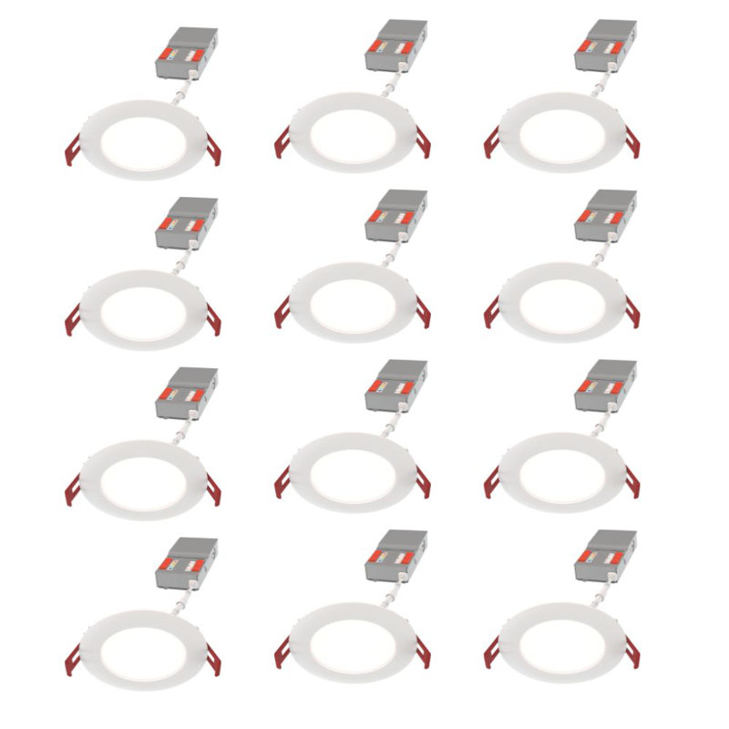 Plafonnier encastré plat 4 pouces, blanc cassé 2700K-5000K, lumens réglables 700-1100, blanc mat paquet de 12