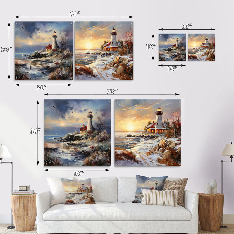 Breloque Coastal Light House en hiver - Ensemble de 2 verres muraux en acrylique, H 16 po x l 33 po