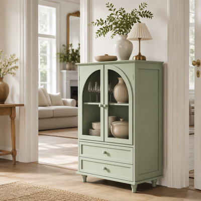 Buffet Farmhouse, buffet à porte arquée en verre trempé avec plateau à niveaux, garde-manger à 2 tiroirs pour la cuisine, la salle à manger, le salon, le vestibule et le bar