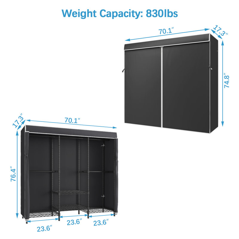 Black Metal Garment Rack with Adjustable Shelves and Cover