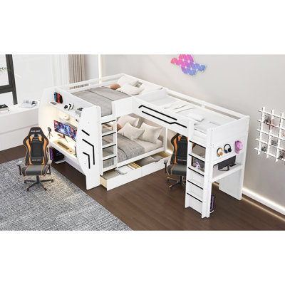 L-Shaped 3 in 1 Full & Twin Size Gaming Bunk Bed with Built-in Desks, Charging Station, Ladders, and Storage Drawers, Pegboard, LED Light, White