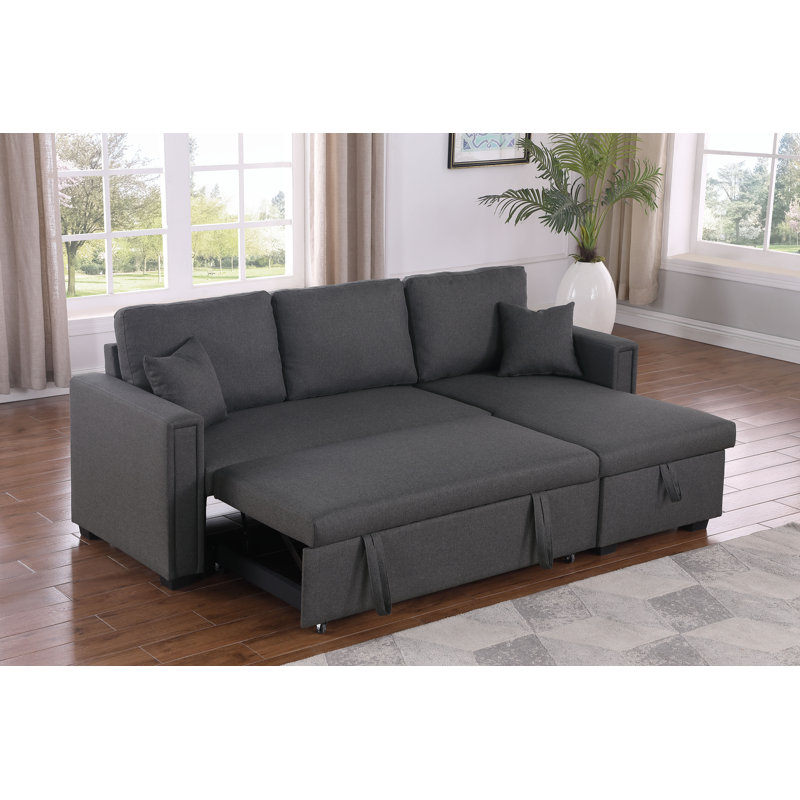 Dishaan Convertible Sleeper Sofa with Reversible Chaise, Dark Gray 100% Polyester