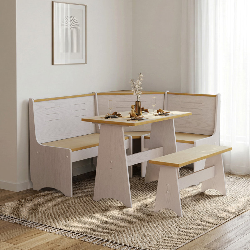 Ensemble de coin-repas en bois massif 3 pièces Berna - Meuble de cuisine moderne et peu encombrant, Naturel / blanc