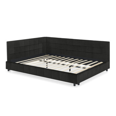 Queen Size Upholstered Tufted Sofa Bed Frame, Velvet Headboard & Armrests, Comfortable Backrest, Black