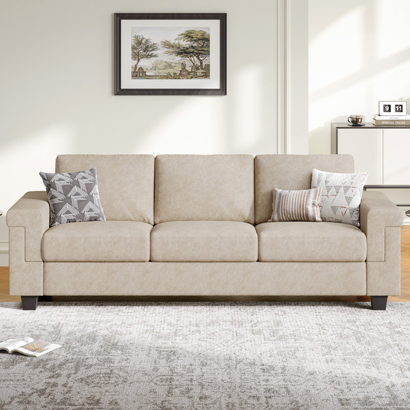 Canapé en polyester à accoudoirs carrés Dereon, Beige, H 32,7 po x l 90 po x P 35 po