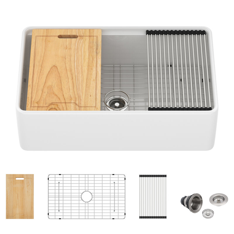 33" L x 20" W White Farmhouse/Apron Front Kitchen Sink Ledge Workstation Reversible Ceramic Fireclay Farmer Kitchen Sinks