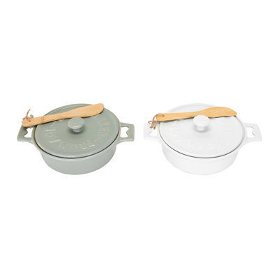 2-Piece Farmhouse Round Lidded Stoneware Brie Bakers with Wood Spreaders White