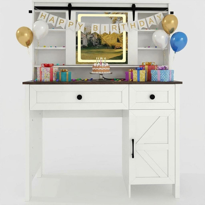 Bureau de coiffeuse avec miroir à DEL et prise de courant, table de maquillage avec 3 tiroirs, armoire et tabouret de rangement, coiffeuse avec tablettes pour la chambre à coucher