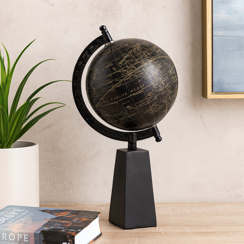Sculpture moderne en forme de globe avec base en bois - statues de style figurine et objets décoratifs pour la maison et le salon - 11 po, noir