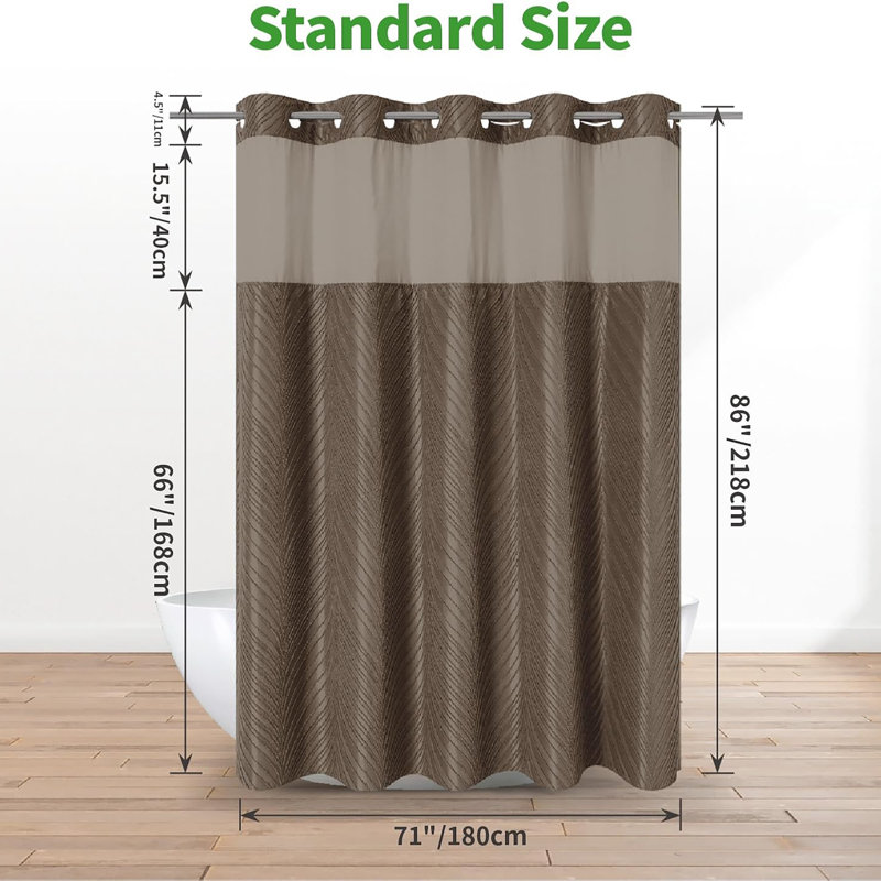 Ensemble de douche Boho sans crochet, extérieur capitonné brun, dessus transparent, intérieur imperméable, H 86 po x l 71 po