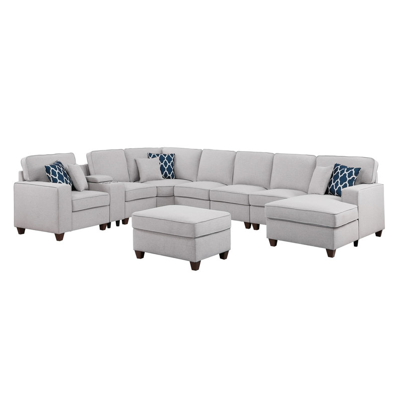 Eric 9 Pieces Upholstered Sectional With Ottoman, Light Gray Linen
