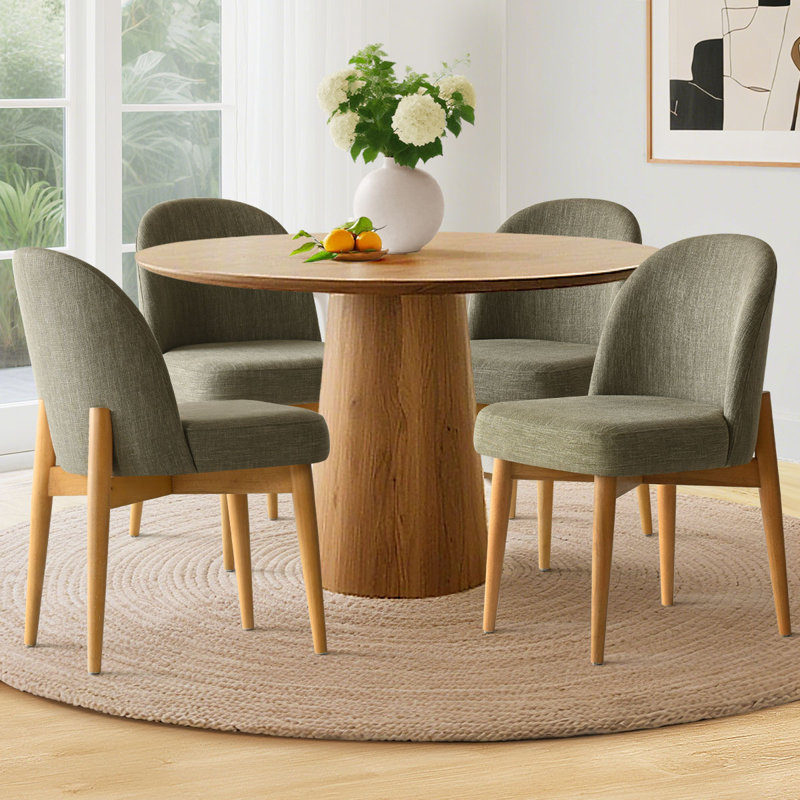 Linen Upholstered Dining Chairs With Solid Wood Legs, Green