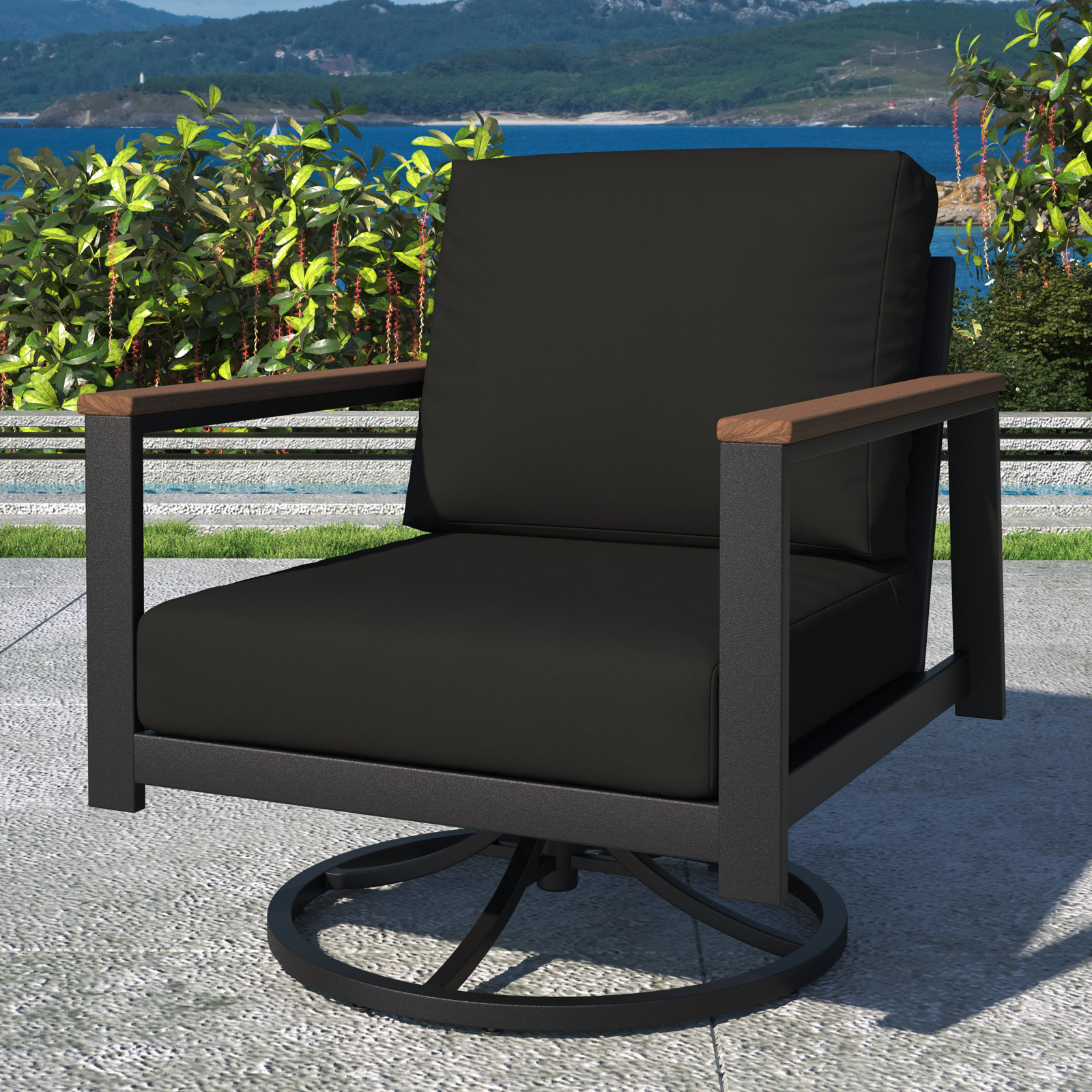 Townsend Outdoor Rocking Metal Chair with Cushions, Canvas Black Sunbrella® Canvas, Brown