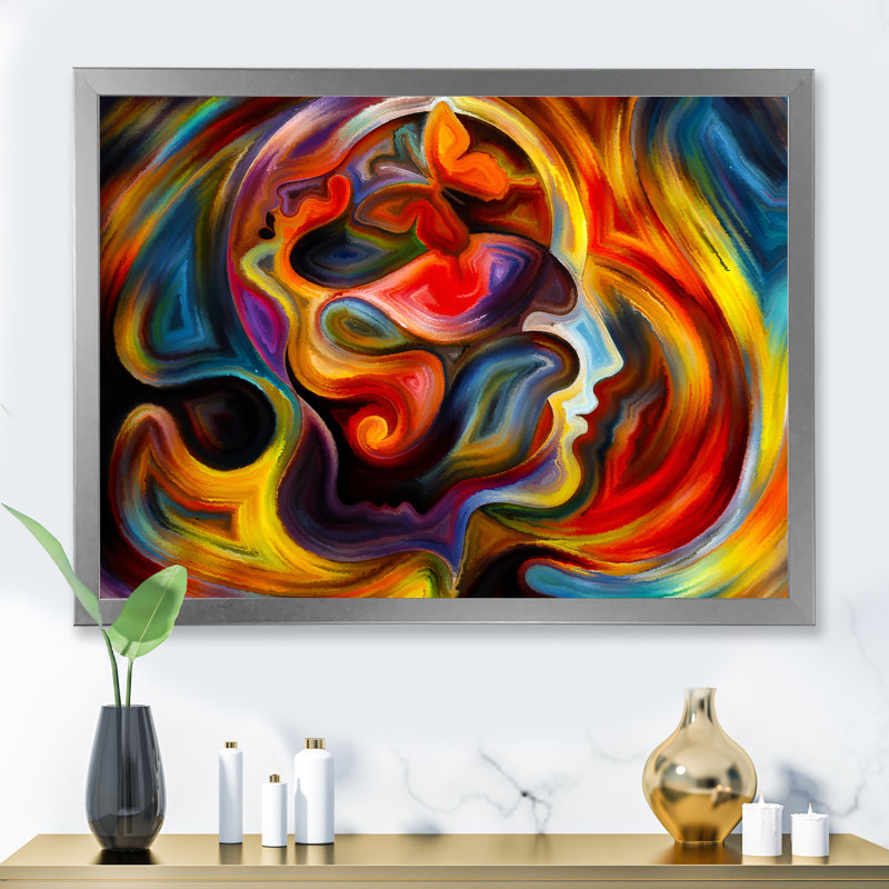 Visage sortant de coups de rouge et de jaune - Peinture sur toile, H 12 po x l 20 po, Cadre photo argenté
