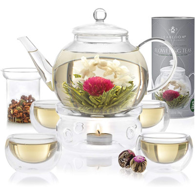 Service à thé en verre de qualité supérieure avec infuseur, 4 tasses à double paroi, chauffe-thé et 12 thés en fleurs