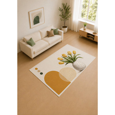 Tapis « ultra-léger » 152 x 213 cm, motif tulipes jaunes et ivoire, idéal pour le salon. Tapis doux à poils courts avec envers antidérapant en silicone, parfait pour la chambre ou le bureau.