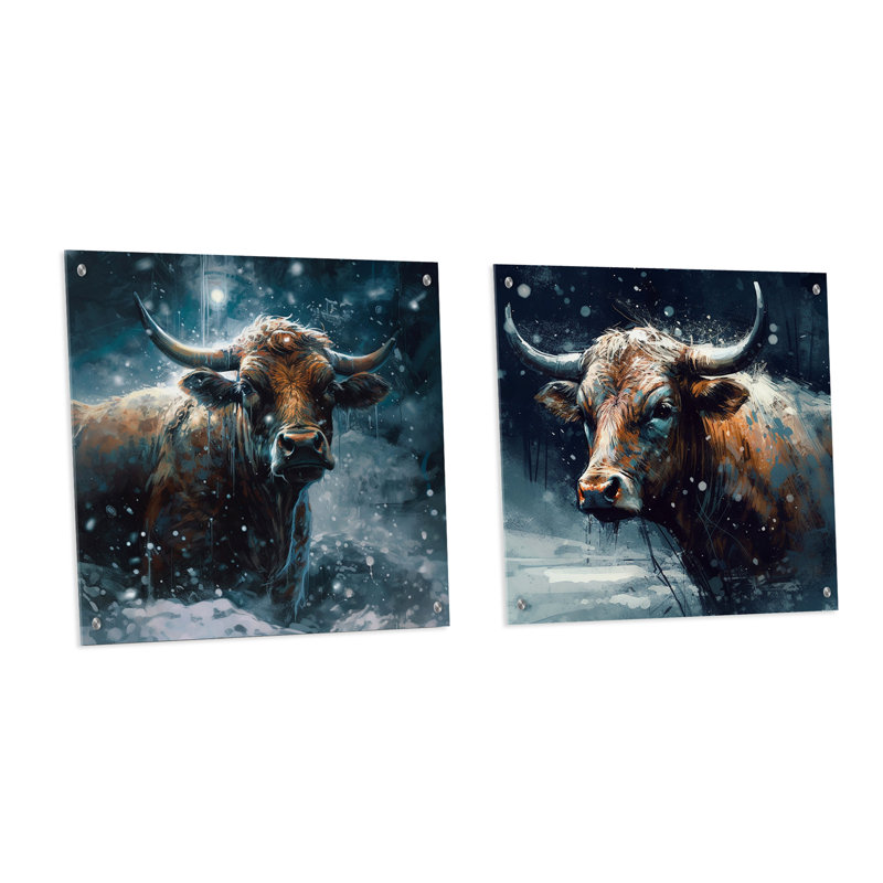 Vache dans la neige I - ensemble de 2 art mural en verre acrylique, H 36 po x l 73 po