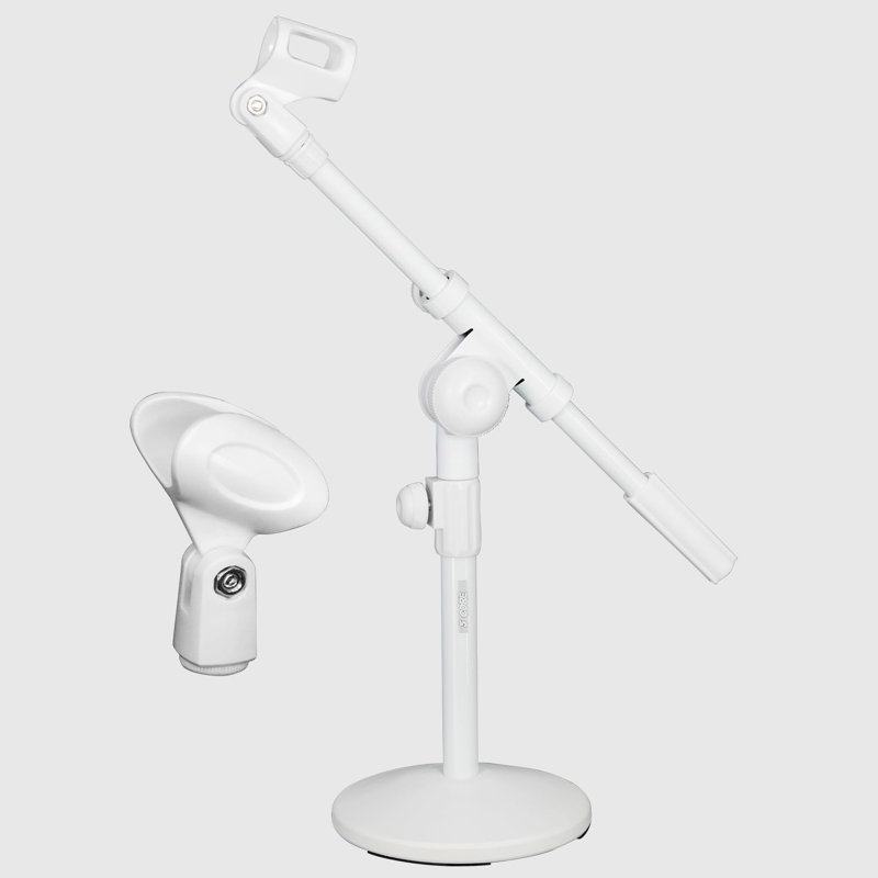 5 Core Desk Microphone Stand White Adjustable Height Extendable Boom Arm Table Mic Holder w Round Base Anti Slip Pad