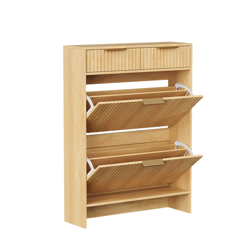 2-Drawer 2-Tip-Down Drawer Slatted Shoe Cabinet, Oak Color