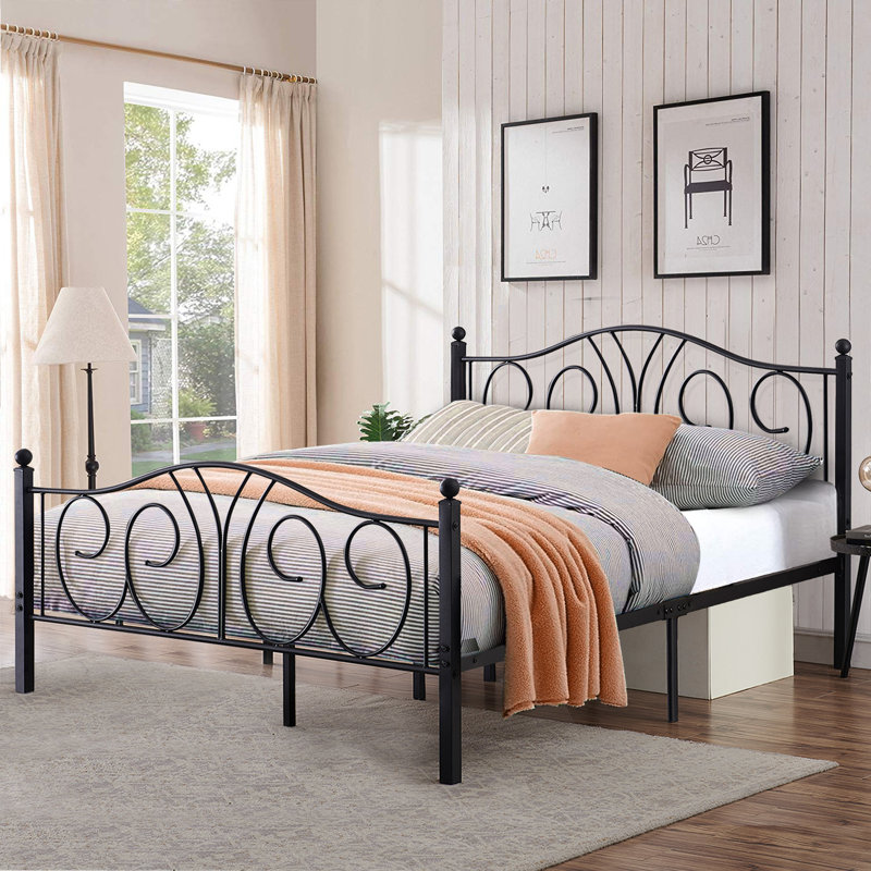 Structure de lit plateforme pleine grandeur moderne en métal noir avec tête et pied de lit, rangement sous le lit de 12,6 po, aucun sommier tapissier requis