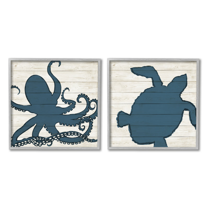 «Nautical Blue Silhouette Octopus Sea Turtle», ensemble de 2 impressions, H 12 po x l 12 po x P 1,5 po