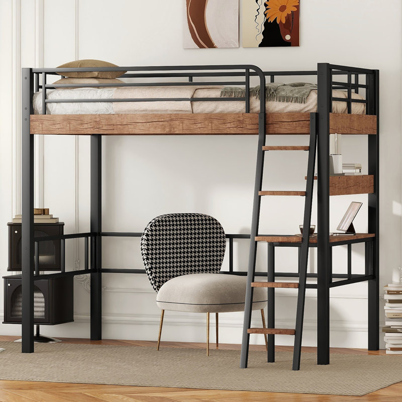 Lit mezzanine en métal avec bureau intégré, Lit simple