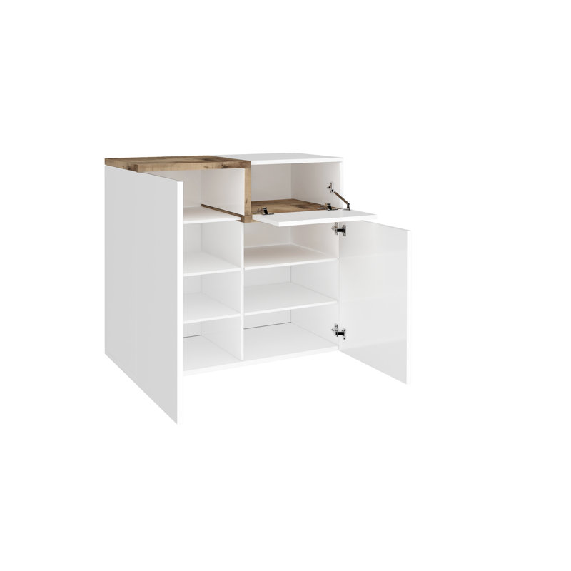 Haines 16 Pair Shoe Storage Cabinet, Glossy White/Maple Pereira