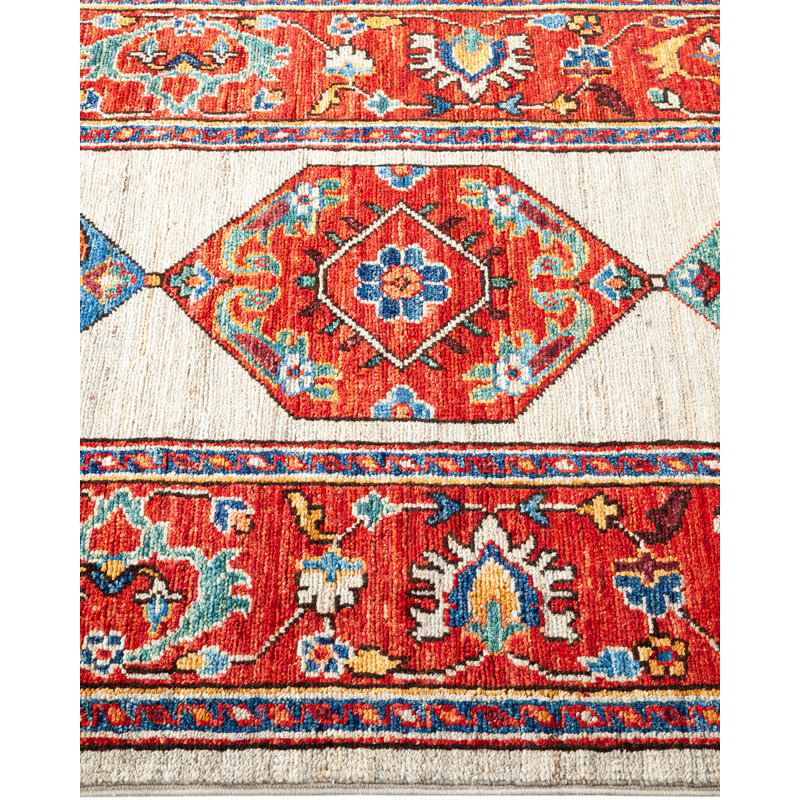 Tapis de couloir unique en laine noué à la main ivoire / rouge / bleu New Age 2 pi 6 po x 10 pi Jowan