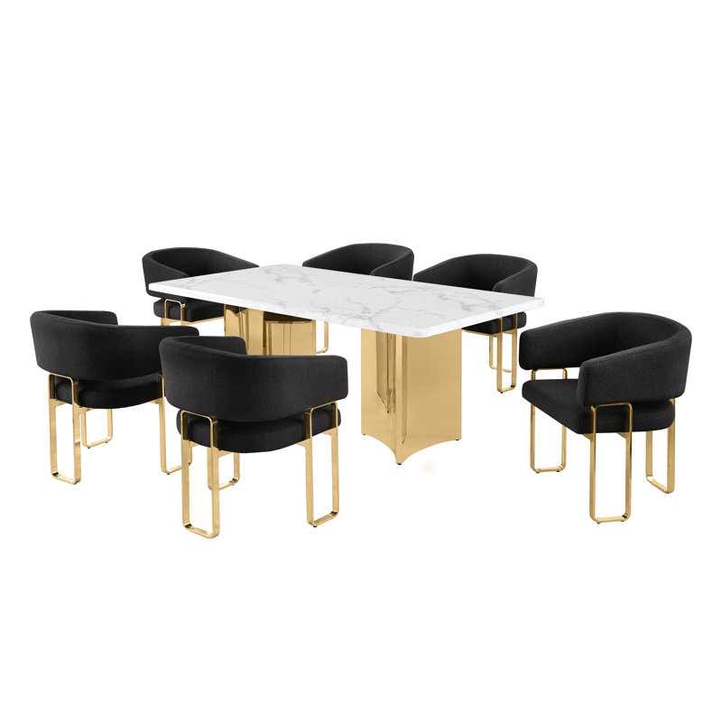 Ensemble de salle à manger Grand White, Noir, 72 po L x 40 po l (7 pièces), Doré