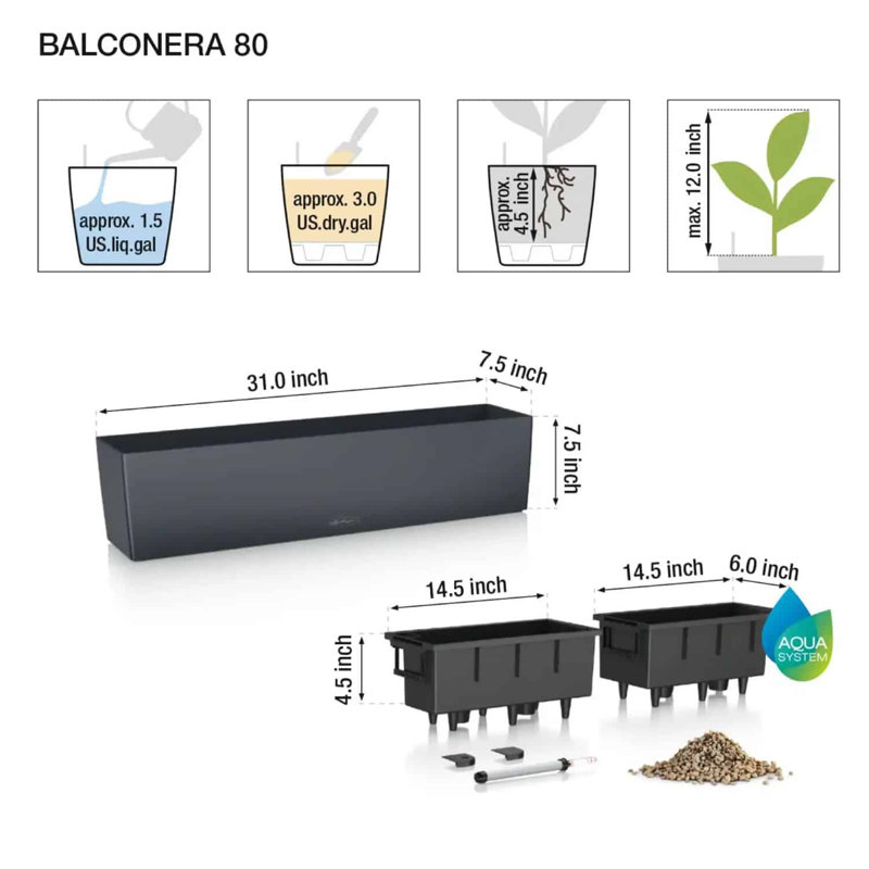 Jardinière en plastique avec jauge d'eau Balconera Color 80, Blanc, H 7 po x l 31 po x P 7 po