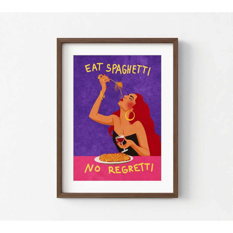 Drôle de spaghetti - affiche «Retro Eat No Regretti», H 16 po x l 12 po, Impression encadrée avec passe-partout, Brun