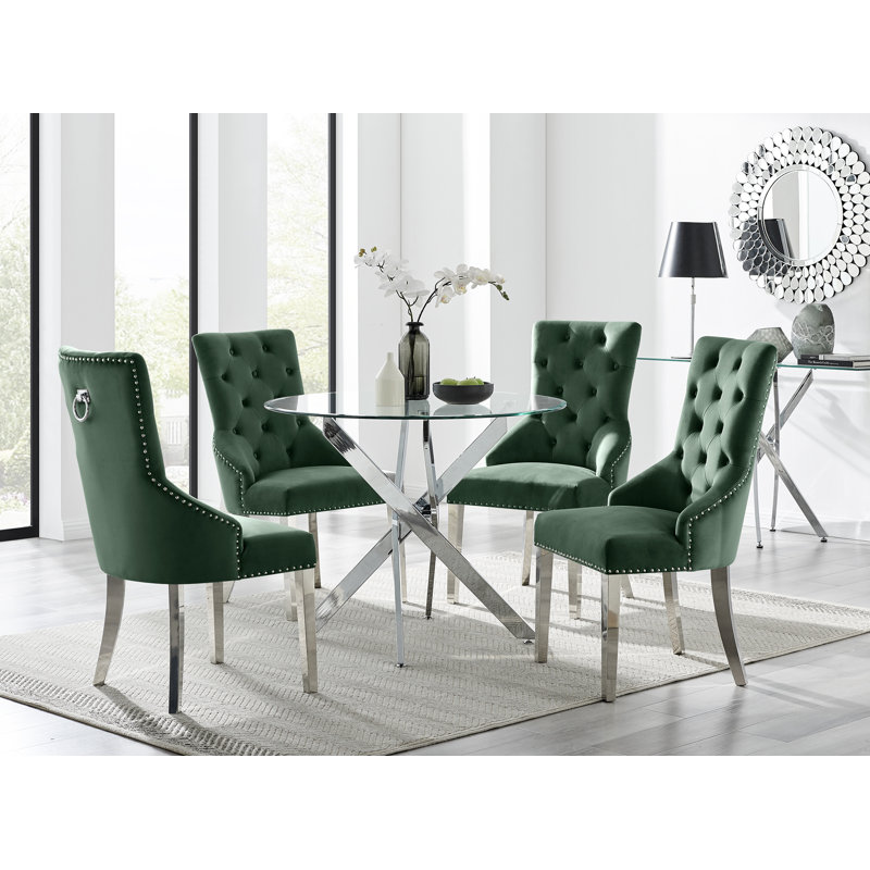 Tierra Modern Chrome Metal & Glass Round Dining Table Set with 4 Luxury Button Velvet Chairs