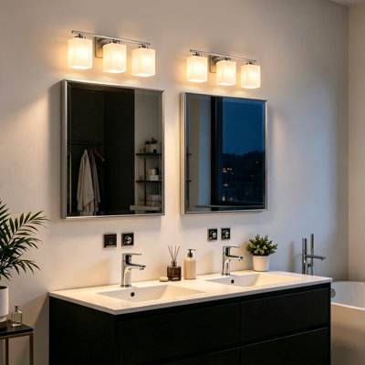 3-Light 22 in. Brushed Nickel Indoor Bathroom Vanity Lights With Etched White Glass Square Rectangle Shades
