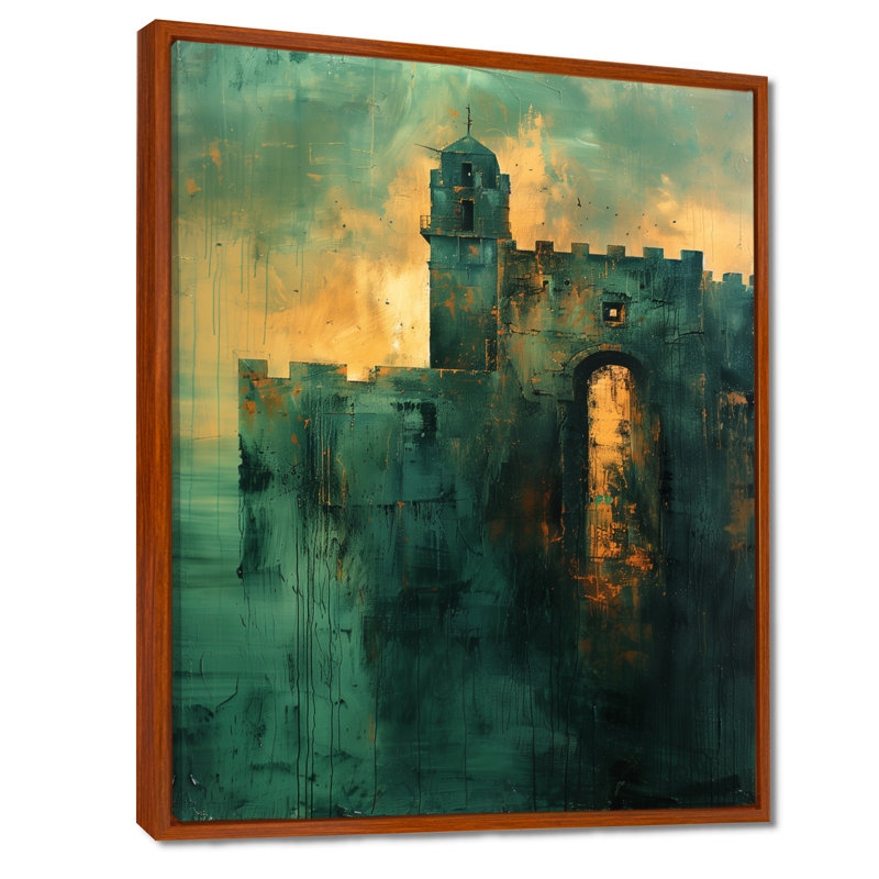 Décoration murale château fort vert et jaune - Forteresses, Toile avec cadre flottant brun, H 32 po x l 16 po x P 1 po