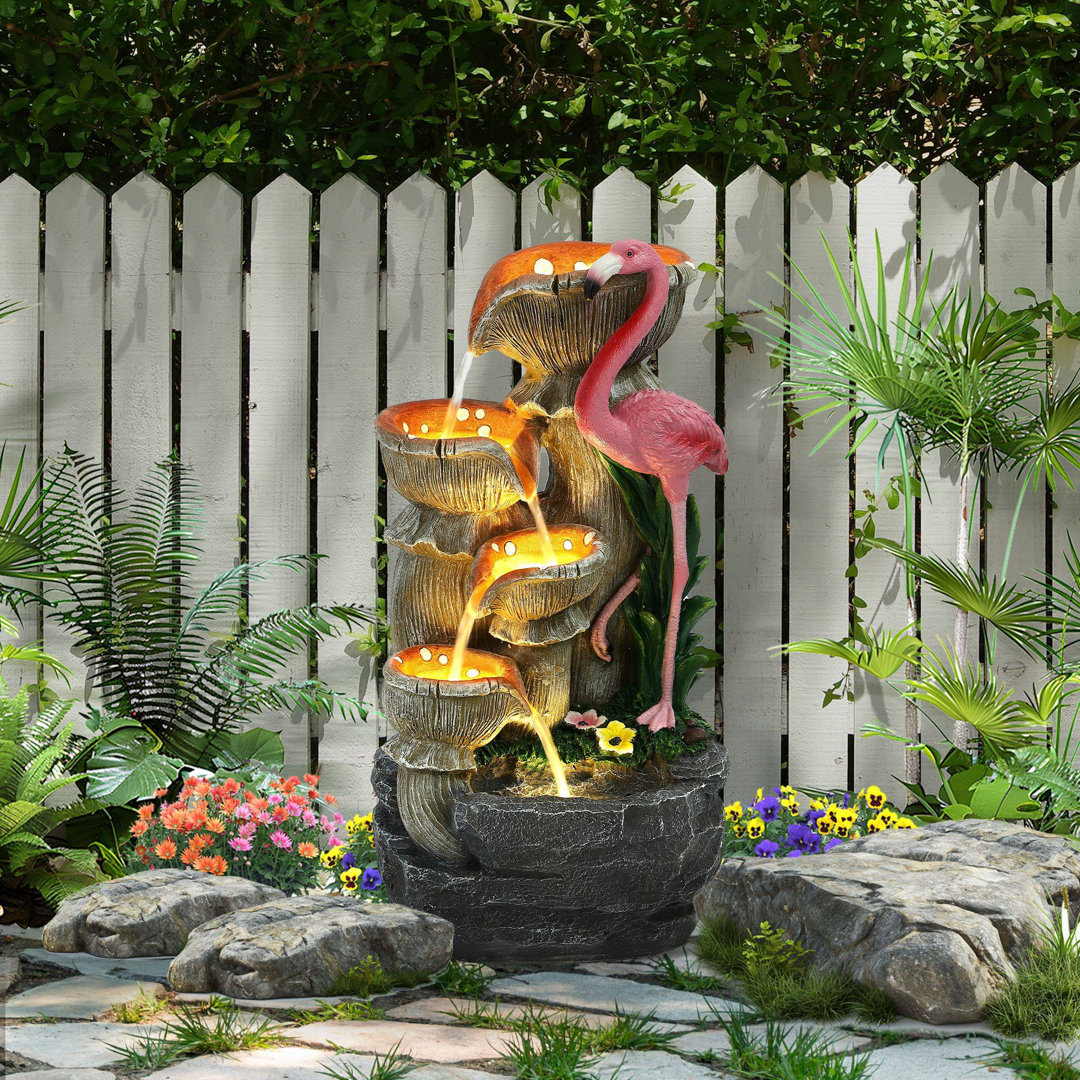 24.4" H 5 Tier Outdoor Flamingo Rock Fountain with Running Water and 5 LED Lights Bay Isle Home™