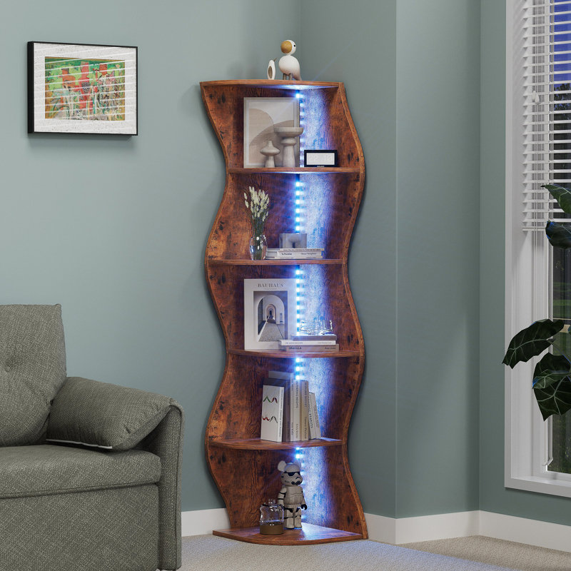 Modern LED Corner Bookshelf With Remote, 5 Tier Lighted Display Shelf, RGB 7 Color Floor Standing Bookcase Storage Rack