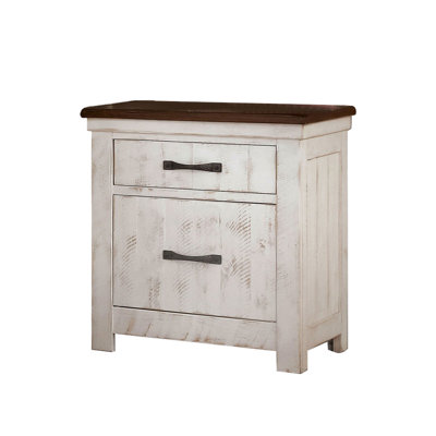 Bedroom Nightstand With 3 Drawers And Chargers - Distressed White Walnut Plank Design Decoration Ornament Furniture Accessory Solid Wood Build & In Co