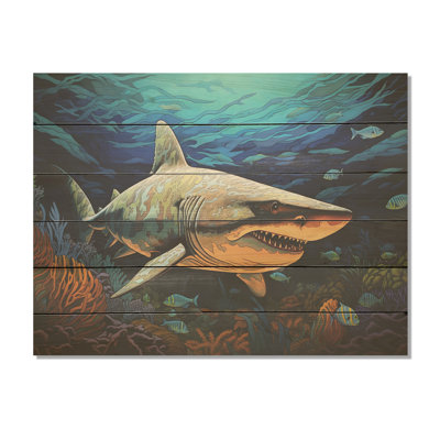 Photographie de profondeur de requin taureau I - art en bois de requin sur bois de pin naturel